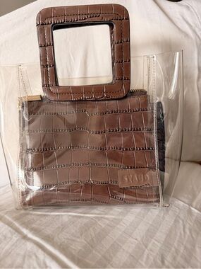 STAUD Shirley Bag Clear PVC with Brown Croc-Embossed Pouch